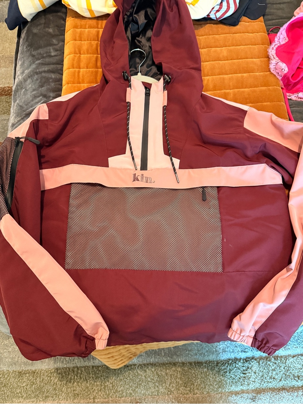 Women's Hooded Rain Anorak Jacket in Burgundy and Pink